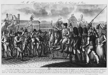 Napoléon Ier passant en revue les Fédérés des faubourgs parisiens aux Tuileries, illustration de 